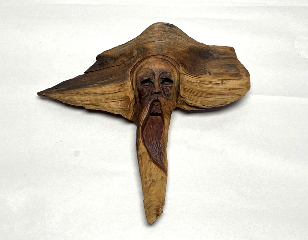 Wood Spirit Carving Old Man Wizard Face Driftwood Wall Hanging Signed Folk Art